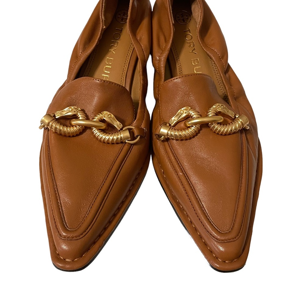 Tory Burch Womens 7.5 Jessa Pointy Toe Horse Bit Brown Leather Slip On Loafer